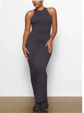 Skims new charcoal XXS high neck racer back stretchy  Bodycon Maxi Dress -